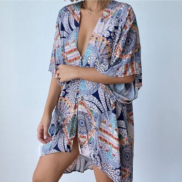 Flynn Skye Stevie Mind‎ Blown Button Front High Low Boho Kimono OS - Picture 1 of 9